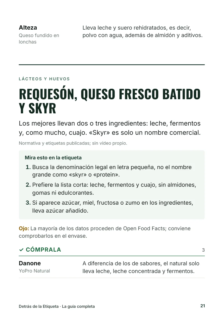 Página de la guía completa con las marcas de queso de mejor a peor